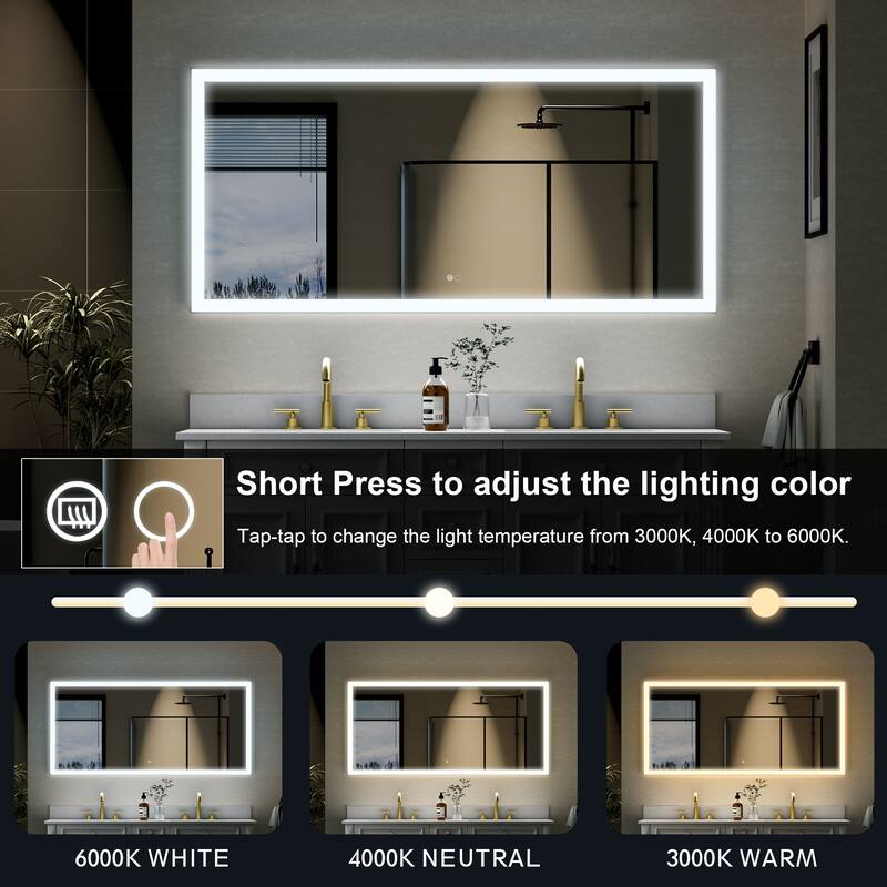 Wall Mounted Bathroom Framed LED Mirror With Dimmable Light Touch Sensor And Memory Function, Anti- Fog