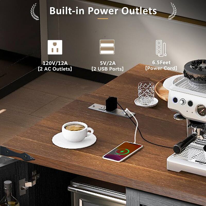 Farmhouse Kitchen Island with Power Outlet and Rolling Cart