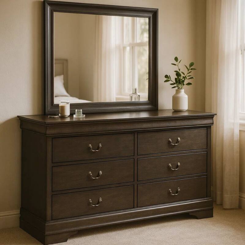Transitional Wooden Dresser with 6 Drawers and Metal Handles, Gray