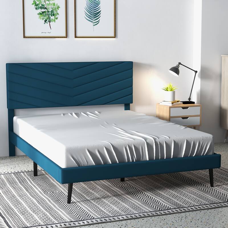 Platform Bed Frame with Adjustable Headboard, Velvet Upholstered