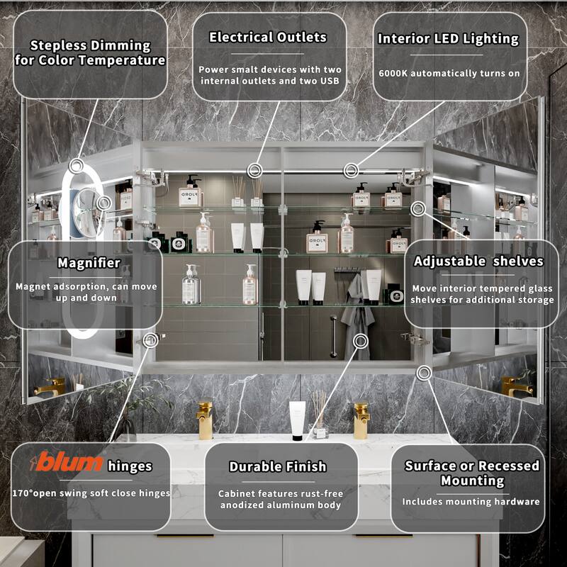 Modland 30"-48"W x 32"H Medicine Cabinet LED Mirrored Wall Mounted Bathroom Mirror with Storage