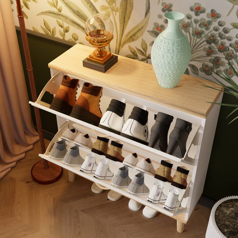 Modern White Flip Top Shoe Cabinet with Storage - 2 Tier Shoe Rack