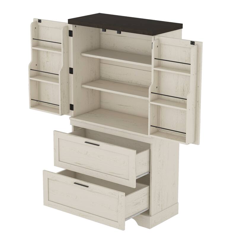 Modern Farmhouse Style Wooden Storage Cabinet with Inside Door Storage Divider, Kitchen Pantry with 2 Drawers