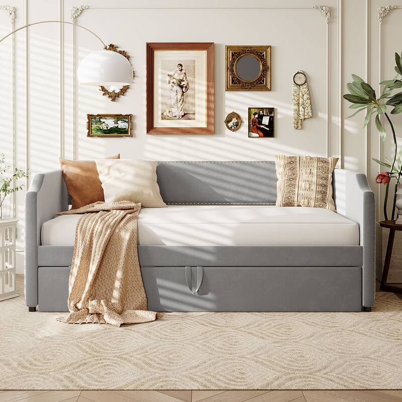 Upholstered Daybed Twin Size Daybed with Pull-Out Lift-Up Trundle and Nailhead Trim Armrest Velvet for Bedroom Apartment - Grey - Twin