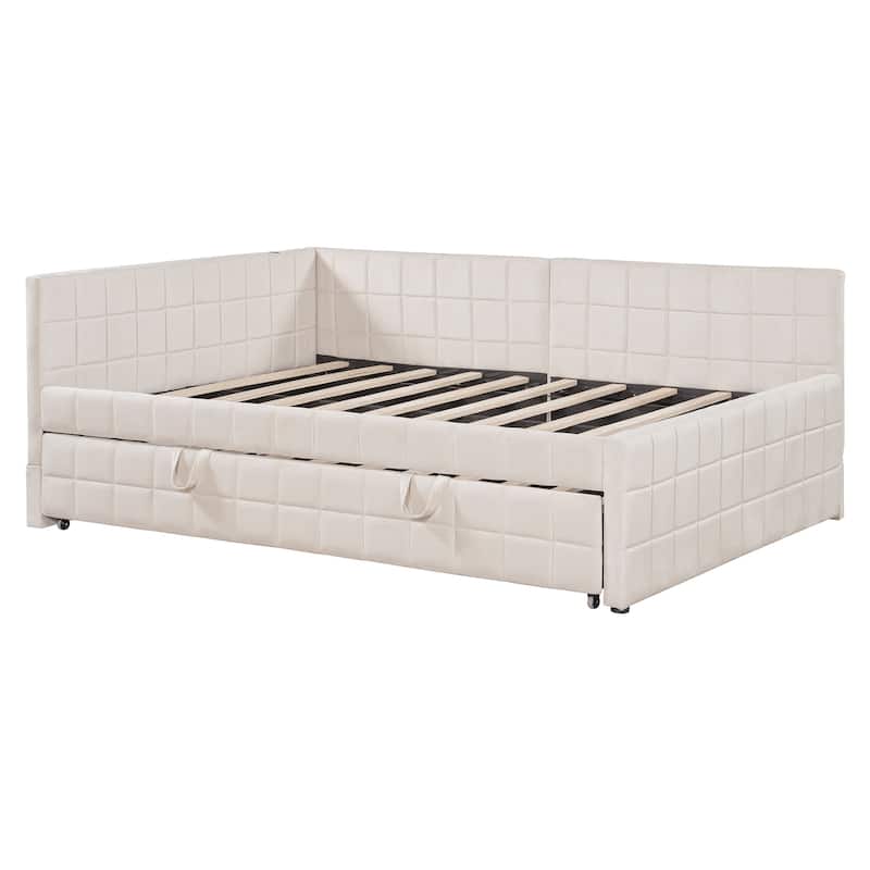 Full Size Daybed with Pull-Out Lift-Up Trundle, Upholstered Daybed Platform Bed with Stripes L-Shaped Backrest and Wood Slats