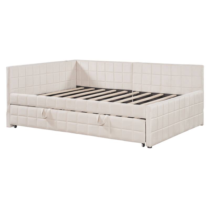 Modern L-Shaped Upholstered Daybed with Twin Pop-Up Trundle & Built-in USB Ports