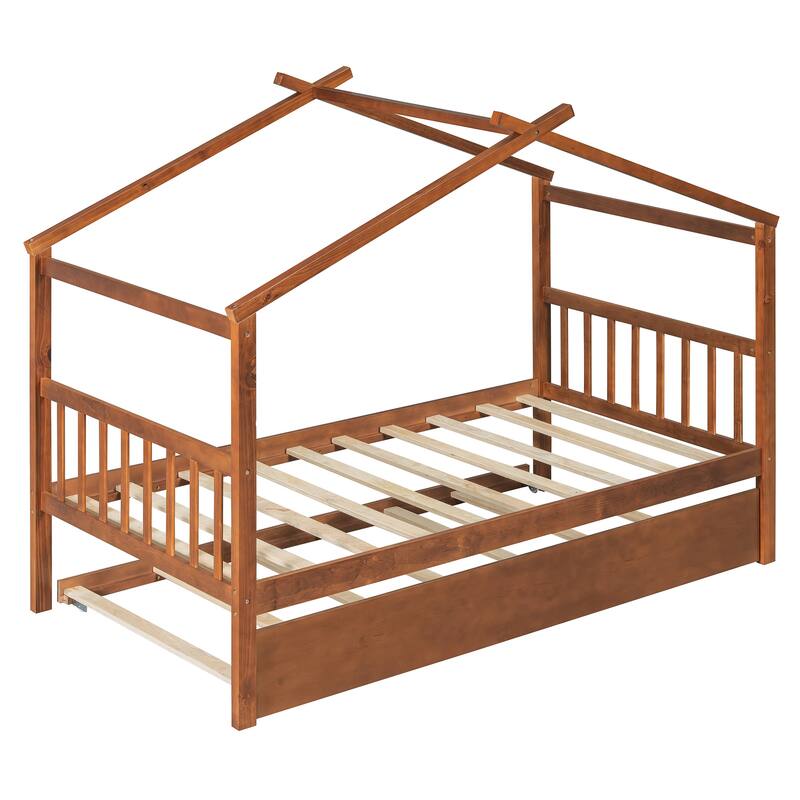 Roomfitters Twin Size Wooden House Bed with Pull-Out Twin Trundle, Montessori Playhouse Bed Frame, Walnut