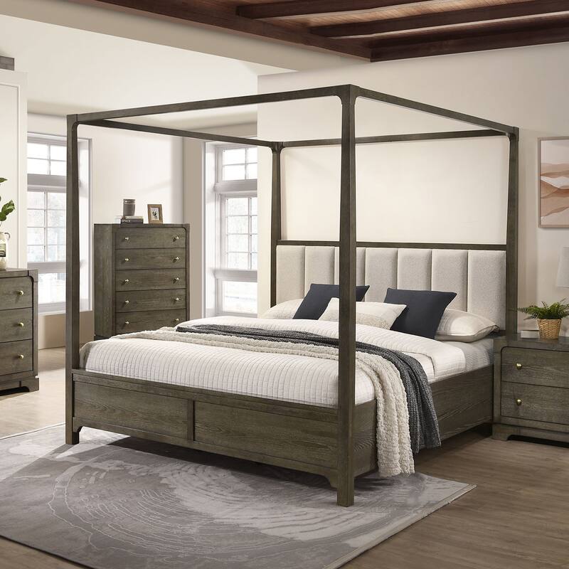 Dark Cocoa Queen Canopy Bed with Upholstered Headboard, Transitional Design