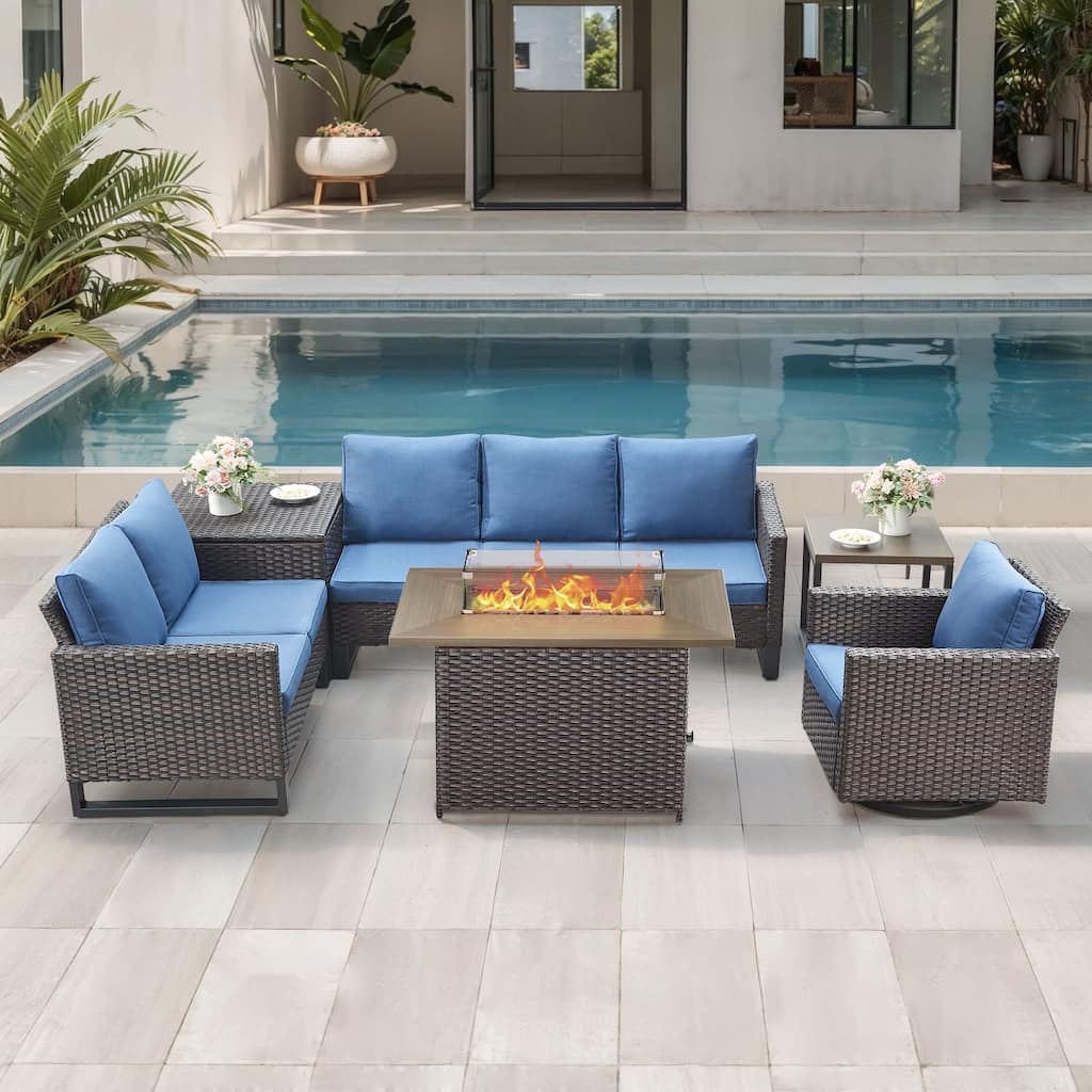 Gymojoy 6 Person All-Weather Wicker Outdoor Conversation Set Seating Group With Fire Pit Table