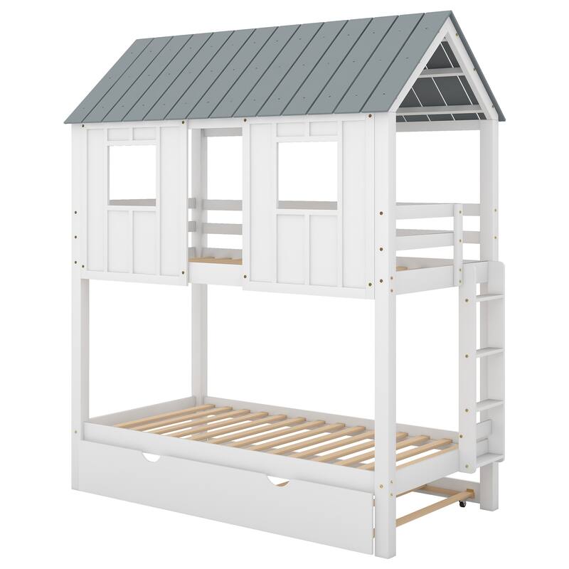 Twin Size House Bunk Bed with Trundle, Roof and Windows in White and Grey