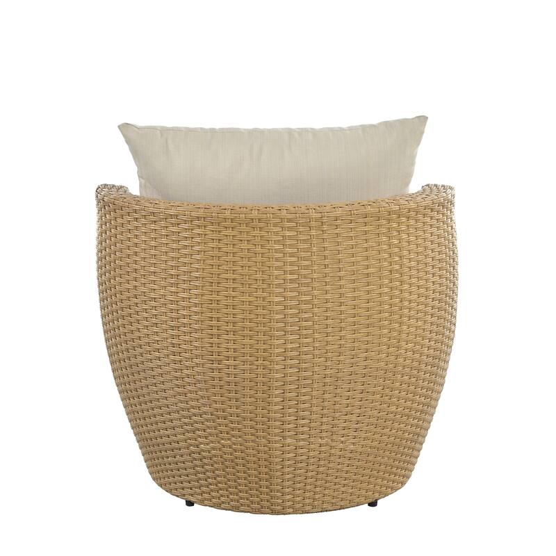 Roomfitters Outdoor Chat Set 3 Piece Boho Faux Wicker Glass Top Table Cushioned, Light Brown