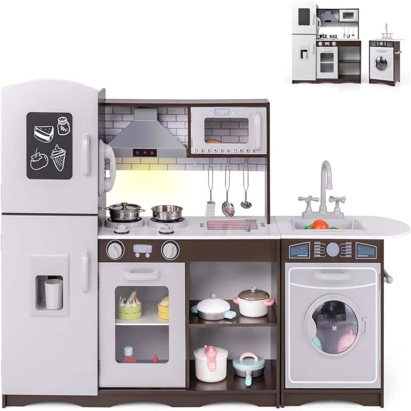 Wooden Play Kitchen Set w/ Washing Machine & Ice Maker - Dark Brown