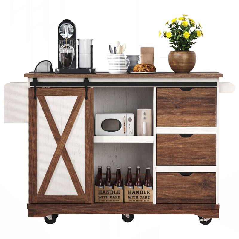 Farmhouse Kitchen Island with Drop Leaf, Kitchen Storage Island with Barn Door, Power Outlet, Rolling Kitchen Cart on Wheels