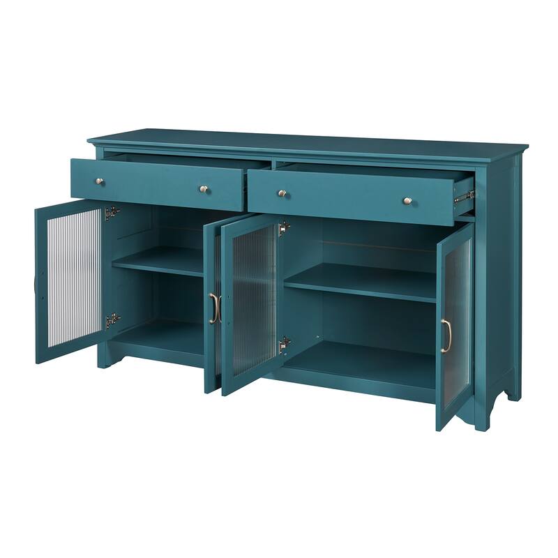 Multifunctional Teal Blue TV Console with Glass Doors, Adjustable