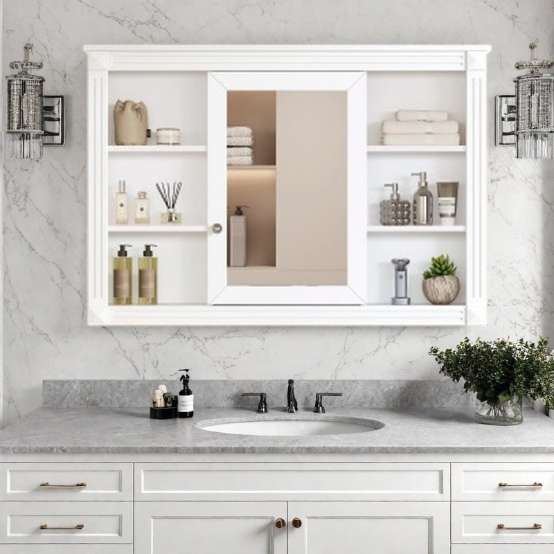 Wall Mounted Bathroom Mirror Cabinet with 6 Open Shelves, Hidden Compartments, Adjustable Interior Storage