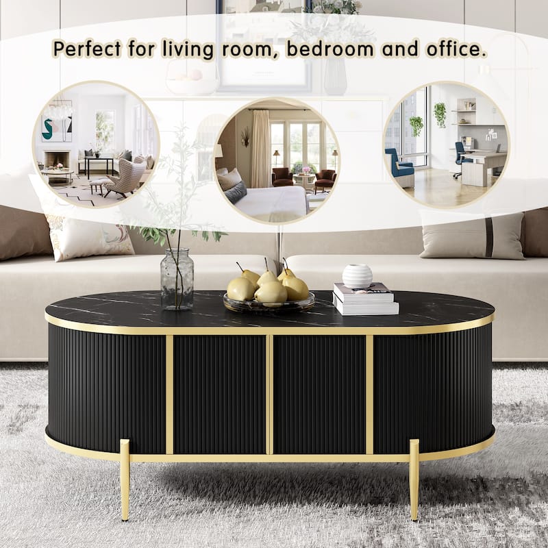 Oval Storage Coffee Table with 2 Cabinets, Faux Marble Top Center Couch Table with Metal Legs, Living Room Table