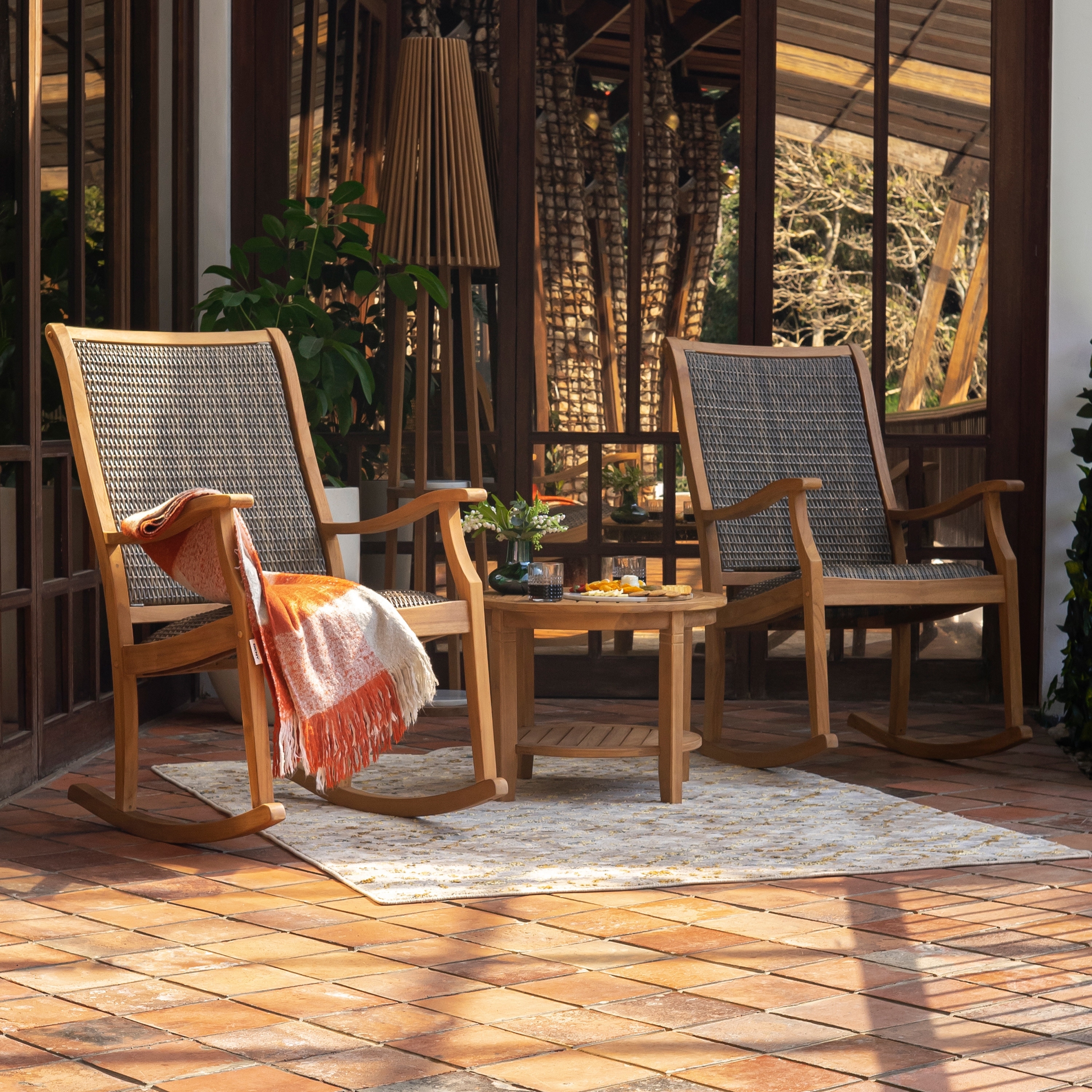 Cambridge Casual Camden 3-Piece Solid Teak Wood Outdoor Wicker Rocking Chair Set with Padded Woven Seat
