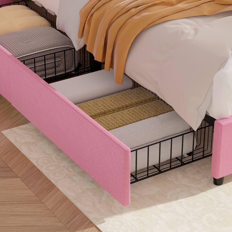 Pink Upholstered Platform Bed Frame with 4 Storage Drawers, Adjustable Velvet Rivets Headboard
