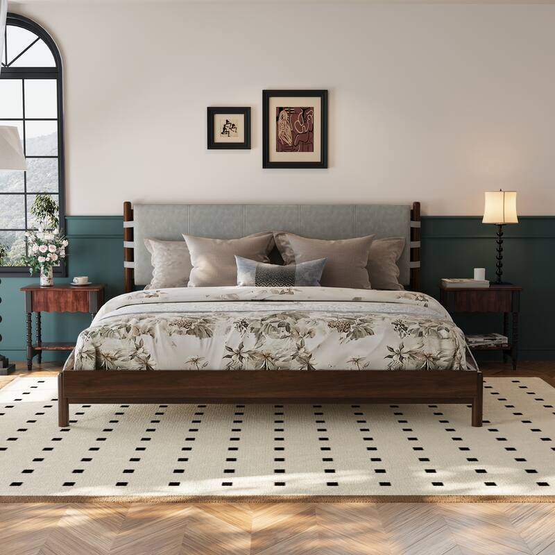 Low-Profile Platform Bed Frame with Upholstered Panel Headboard Wood Slat Supports and Center Support Legs for Bedroom Apartment - Light Grey Walnut - King