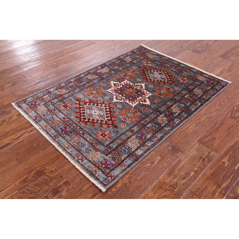 Golden Nile Grey Super Kazak Handmade Wool Rug - 2' 9" X 4' 0"