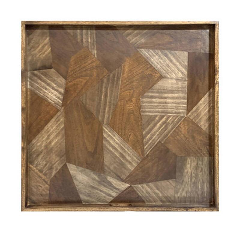 Hely Decorative Wood Tray, 27 Inch Square, Geometric Pattern, Brown Beige