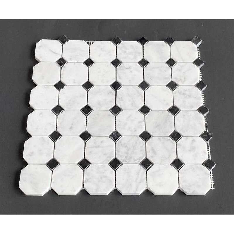 White Carrara 2" Octagon with Black Dot Marble Mosaic Tiles - Case (10 Sheets)