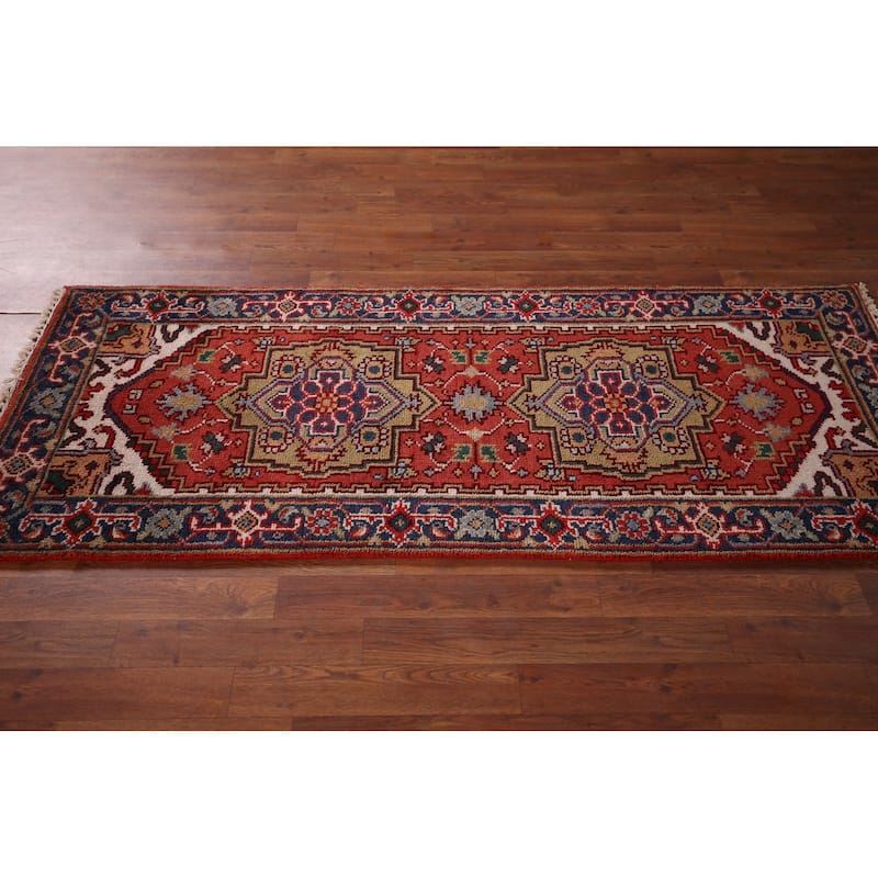 Orange Geometric Heriz Serapi Foyer Rug Hand-Knotted Wool Carpet - 2'6"x 6'1"