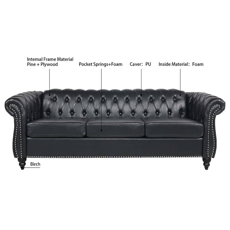84.65" Chesterfield Tufted Faux Leather Sofa with Rolled Arms