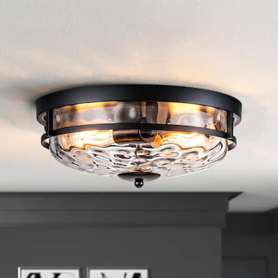 2-Light Modern Industrial Black Dome Clear Water Rippled Glass Flush Mount Ceiling Light - 12.9 in. W x 5.5 in. H