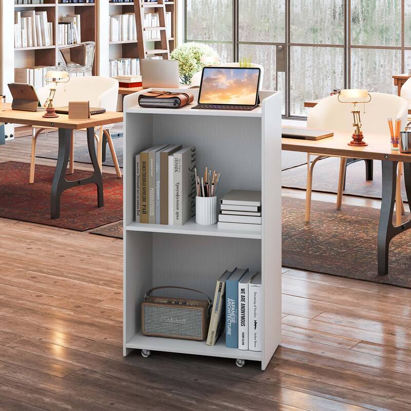 Gymax Set of 2 Rolling Podium Stand Mobile Lectern Stand w/ 2 Shelves