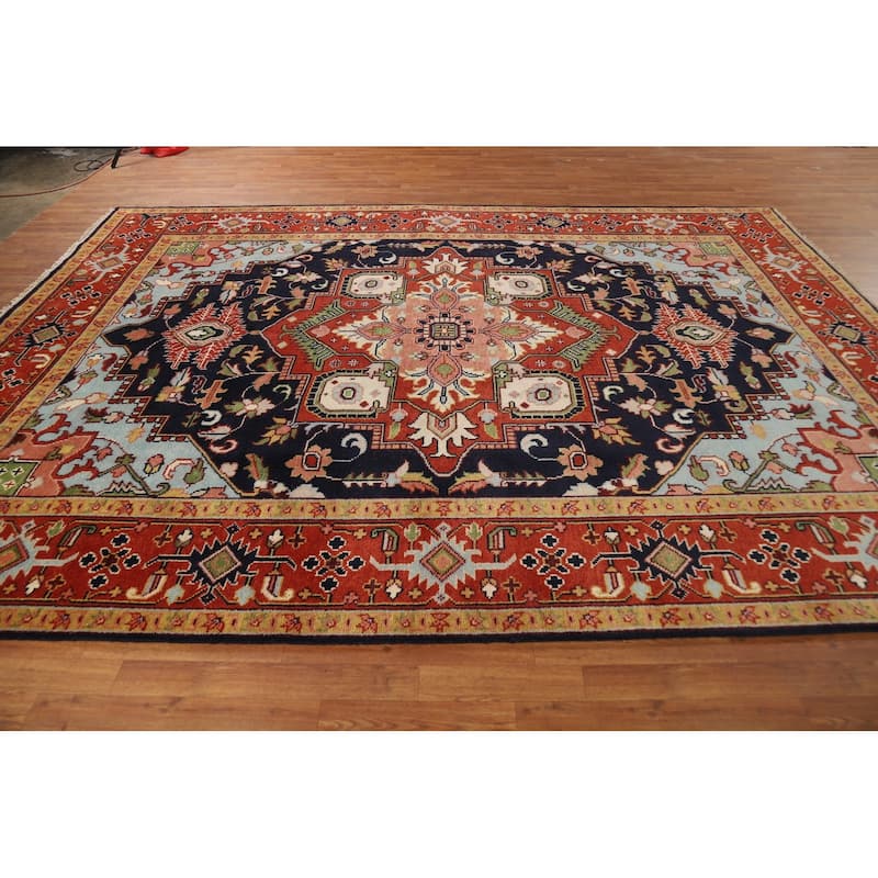 Blues & Orange Heriz Serapi Indian Area Rug Hand-Knotted Wool Carpet - 8'11"x 11'10"