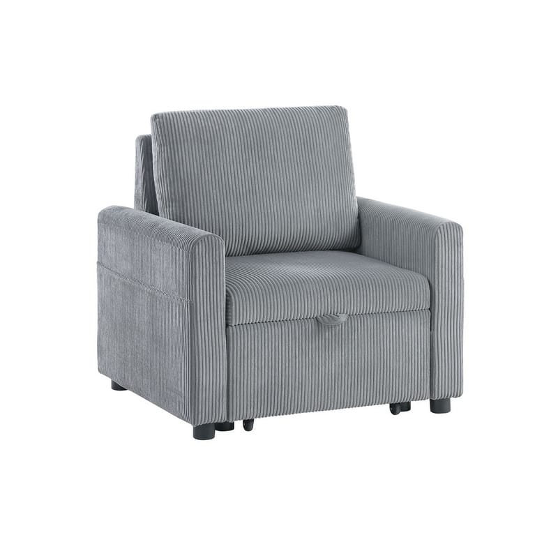 Oswin 32.5"W Gray Corduroy Armchair with Pull-Out Chaise and Side Pocket
