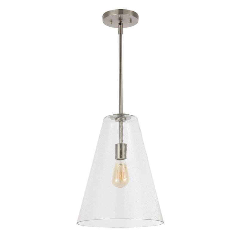 Hayes 11.5" 1-Light Mid-Century Modern Iron/Seeded Glass LED Pendant, Nickel/Clear by JONATHAN Y