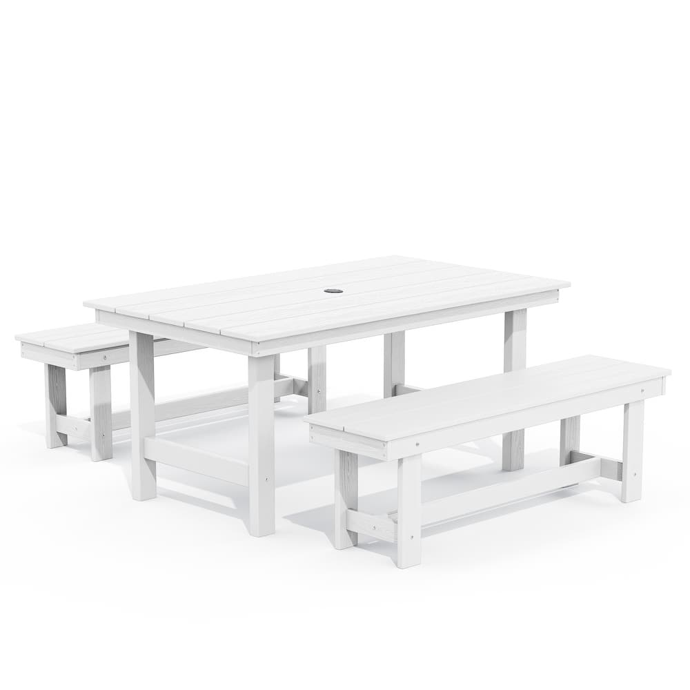 3-Piece HDPE Outdoor Dining Set with Umbrella Hole Table and Two 2-Person Benches