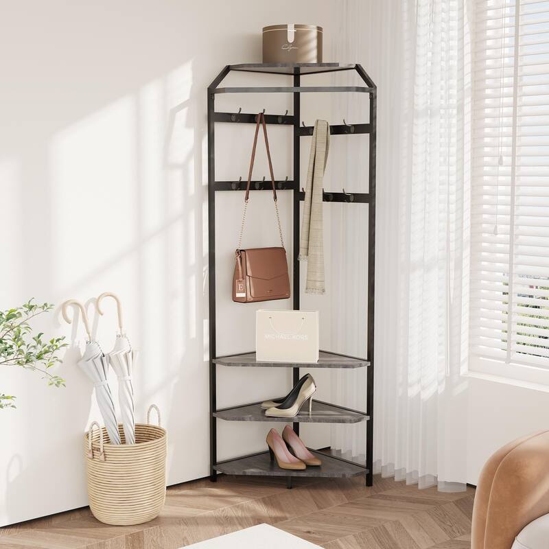 Corner Coat Rack With 6 Double Hooks - Grey