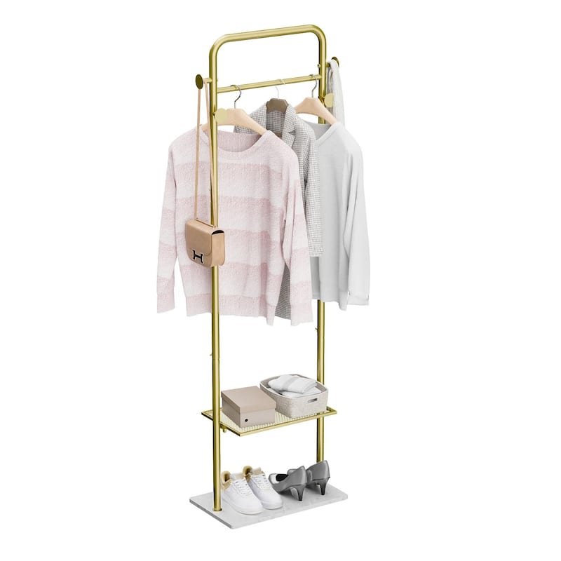 Freestanding Metal Corner Clothes Stand Coat Rack with 4 Hooks Gold