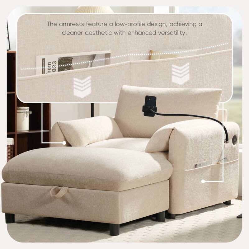 38" Single Sofa with Storage Ottoman, Adjustable Phone Holder, USB Charger, Side Storage Pockets, Pillow