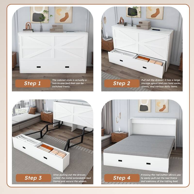 Full Size Murphy Bed, with Storage Drawers and Charging Cabinet, with Foldable Panels, with Swivel Wheels, Noise-Free