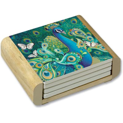First Dawn Absorbent Stone Tumbled Tile Coasters, Paisley Peacock, Set of 4