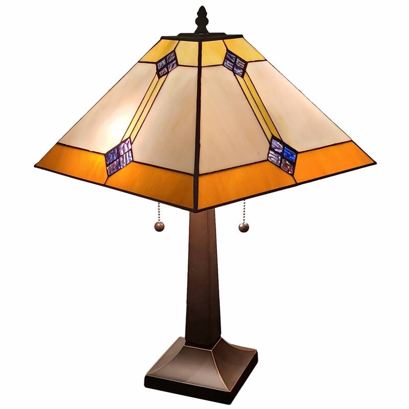 Dark Brown Metal Table Lamp with Cone-Stained Glass Shade and Pull Chain - 10” x 18” x 21” (D x W x H) - Dark Brown-Beige-Orange