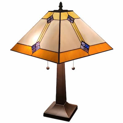 Dark Brown Metal Table Lamp with Cone-Stained Glass Shade and Pull Chain - 10” x 18” x 21” (D x W x H)