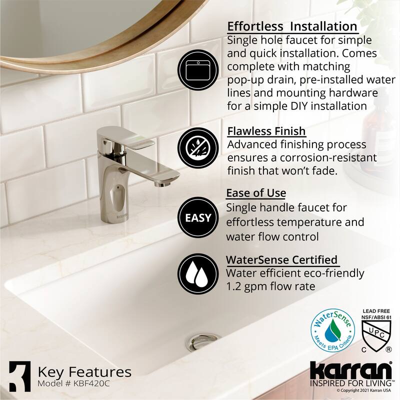 Karran Kayes single Hole Single Handle Basin Bathroom Faucet with Matching Pop-up Drain