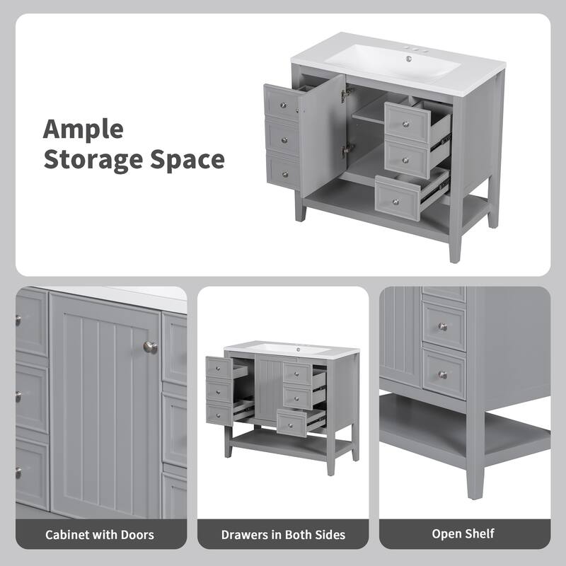 36" Bathroom Vanity with Sink Combo, One Cabinet and Three Drawers, Solid Wood and MDF Board