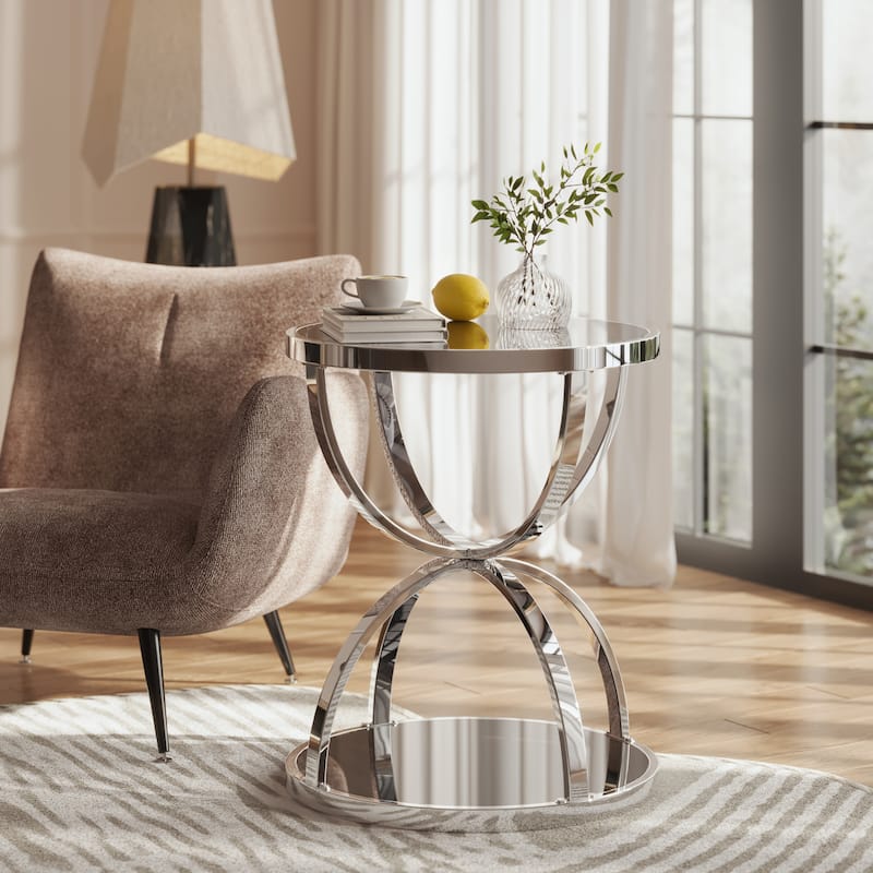 Modern 2 Tiers Glass Coffee Table with Ring-Shaped Metal Frames - Gray+Chrome(19.69" Round)