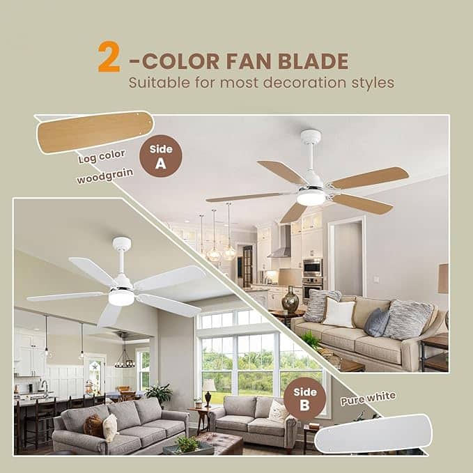 Two-Color Blade Ceiling Fan with Dimmable LED Light & Remote Control, 52 Inch Low Profile Reversible Ceiling Fan, 6 Speeds
