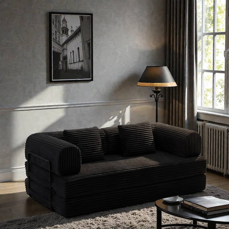 Compression Sofa Bed Convertible Floor Futon Couch, 2 Seat Boneless Modular Loveseat with Corduroy Fabric - Black