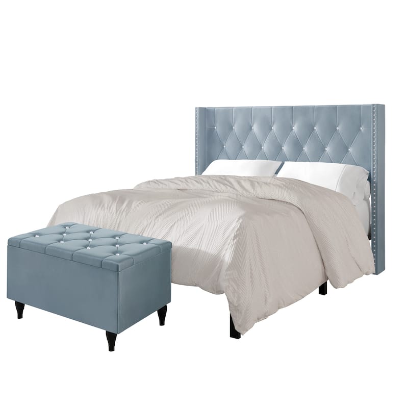 CraftPorch 2 Piece Bedroom Bench Set Velvet Wingback Upholstered Bed