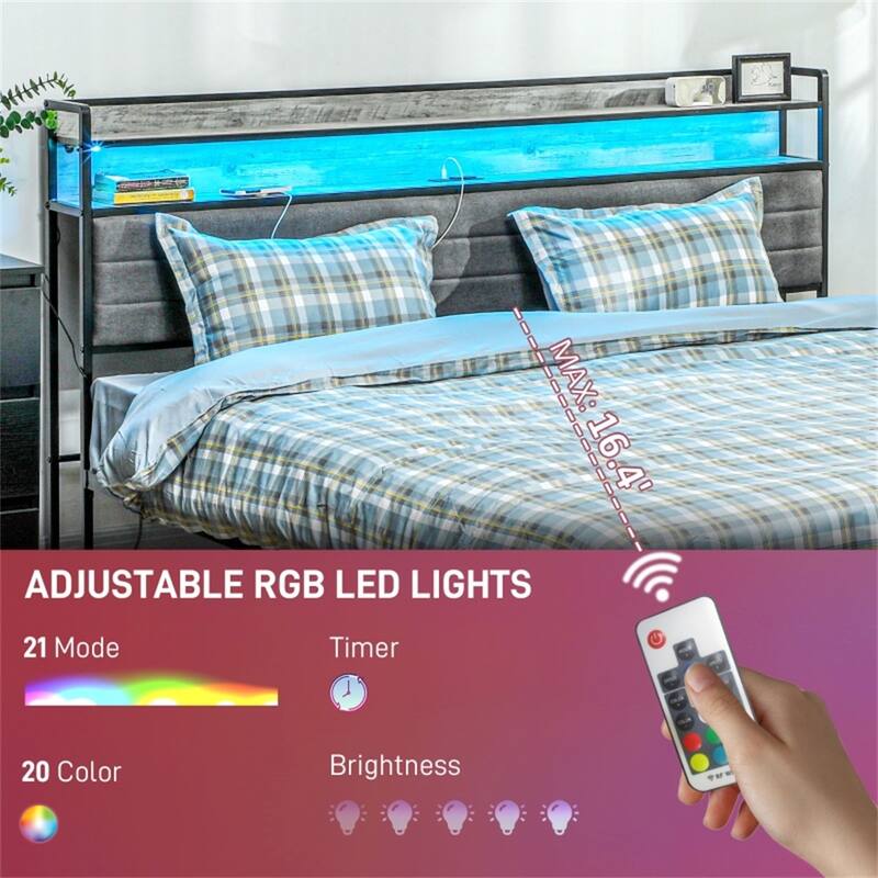 Platform Bed with Powder-Coated Metal Frame and RGB LED Remote Lights USB Charging