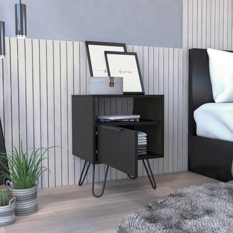 Modern Nightstand with Drawer and Open Shelf, Industrial Hairpin Legs, Compact and Functional Design