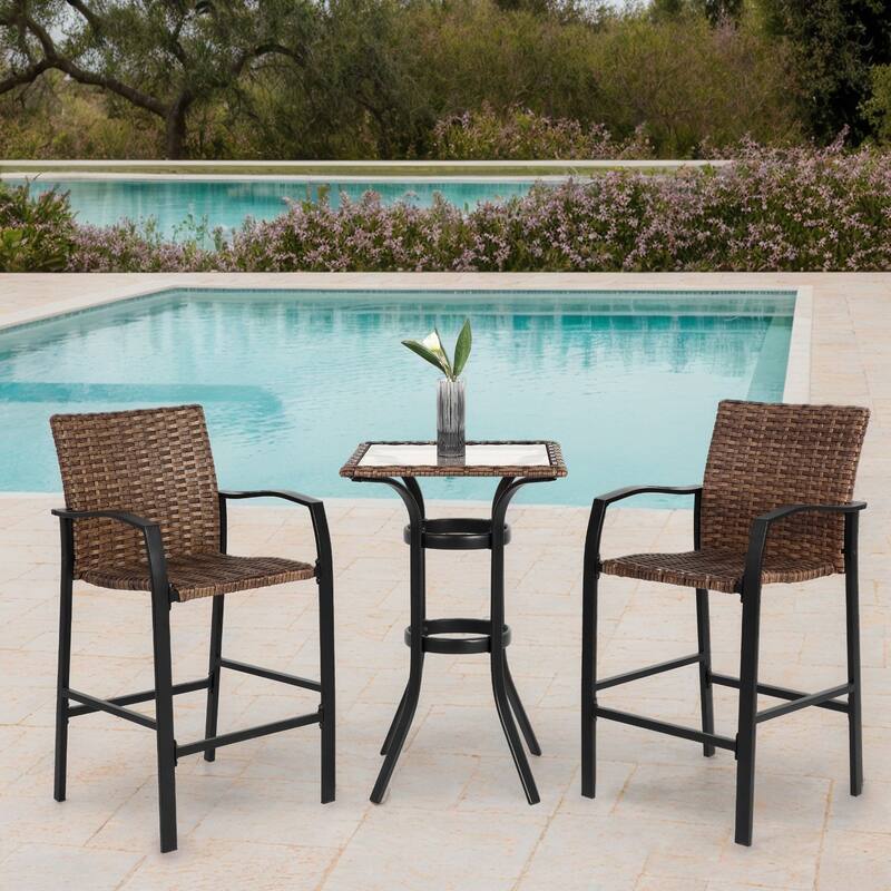 Rattan Bar Stools with Glass Table, 3-Piece Patio Set for Balcony, Garden, and Outdoor Spaces
